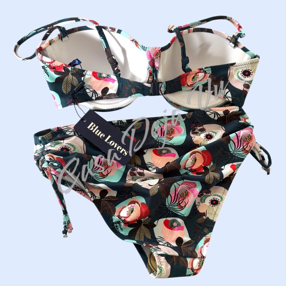 Blue Lovers Tropical Navy & Floral Underwire Cinch Hip 2 pc Bikini Size 12 - Picture 2 of 8